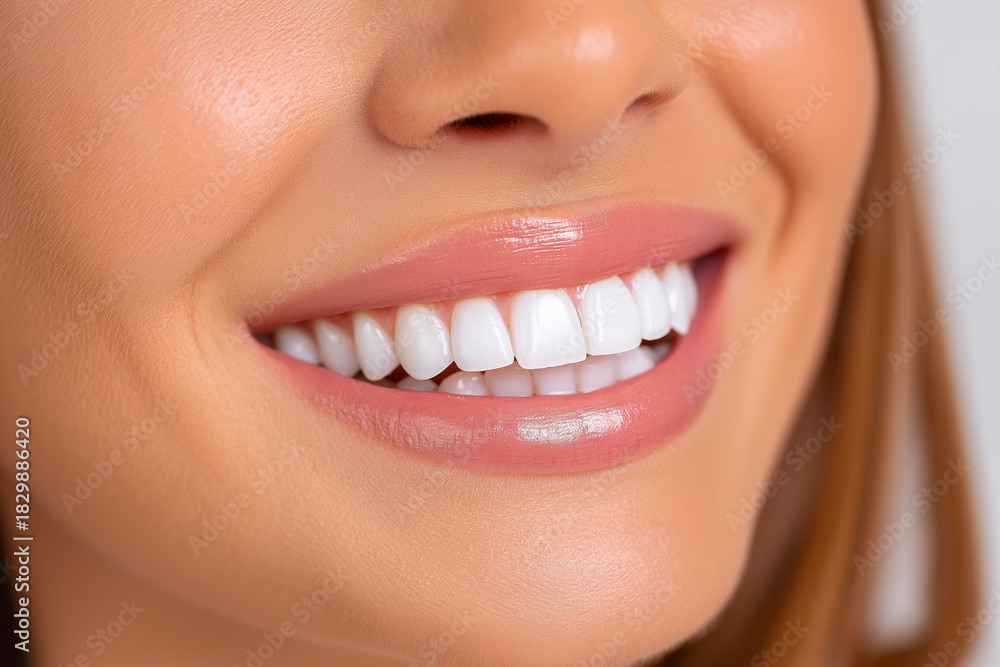 Fototapeta premium Close-up of a smiling woman displaying bright white teeth, highlighting dental care and beauty, with soft lighting enhancing her joyful expression and confidence