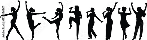 Female performer silhouettes, singing poses, microphone gestures, expressive dance, high heels, black outline, stage energy, motion study, concert vibe, character design