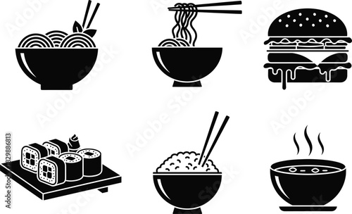 Vector Silhouette Set of Asian and Western Food, Sushi, Noodles, Burger, and Cuisine Icons