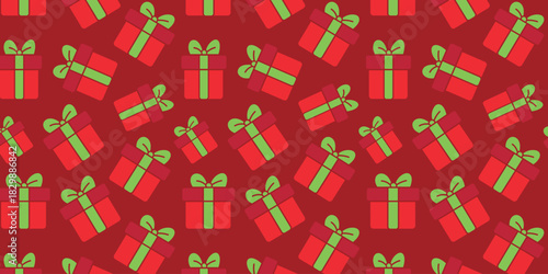 Festive red background with a repeating pattern of green ribbon-tied gift boxes, perfect for holiday celebrations and gift wrapping designs