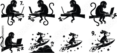 Cartoon sequence of monkey using laptop on tree branch and dog flying rocket, humorous animal technology adventure, creative digital illustration