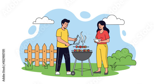 A happy couple enjoys cooking skewered food on a charcoal grill during a casual outdoor summer barbecue in their backyard.