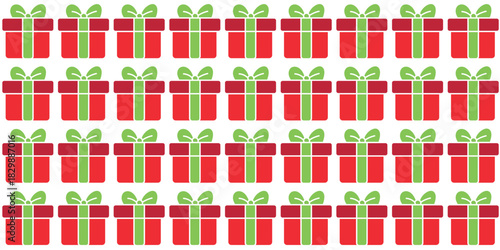 Vibrant seamless pattern of festive red gift boxes with bright green ribbons, ideal for holiday designs, celebration backgrounds, or digital wrapping paper