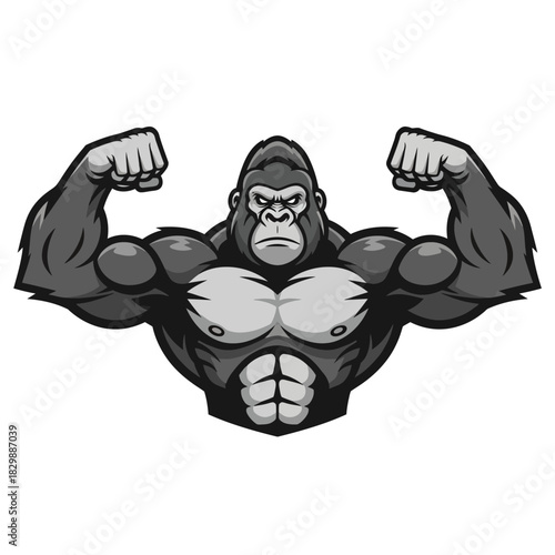 Powerful muscular gorilla mascot flexing bicep muscles vector illustration.