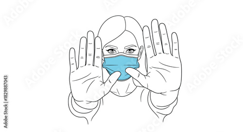 A woman wearing a blue medical face mask holds her hands up in a stop gesture, emphasizing health and safety measures.