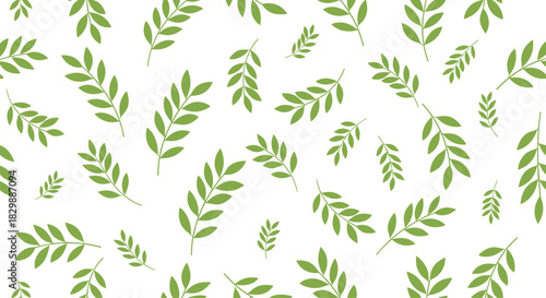 A refreshing seamless pattern featuring scattered green leaf branches on a clean white background, perfect for nature-inspired designs.