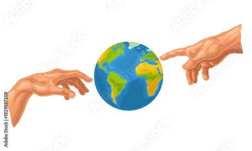 Male finger pointing and god hand touch earth planet globe. Vector color illustration isolated on a white. For web, poster, info graphic