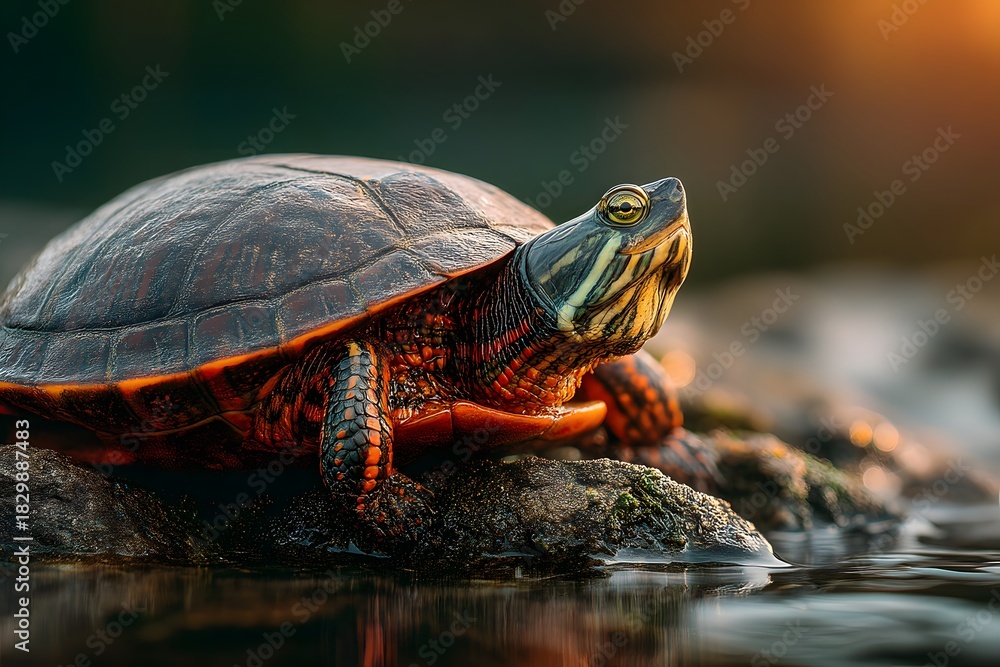 Obraz premium Painted Turtle Resting on Rocks in Golden Hour Light Image