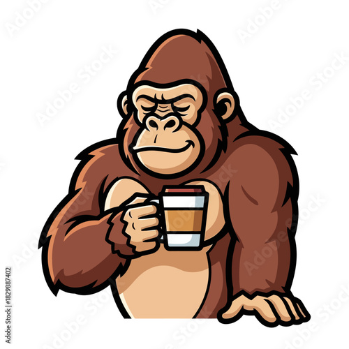 Gorilla enjoying a cup of coffee with eyes closed.