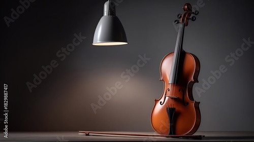 Elegant studio shot featuring a violin under the soft glow of a pendant lamp