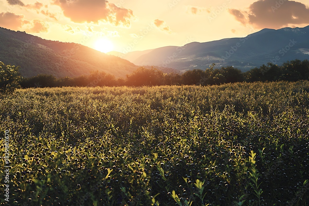 Obraz premium Golden sunset over lush berry field high resolution picture