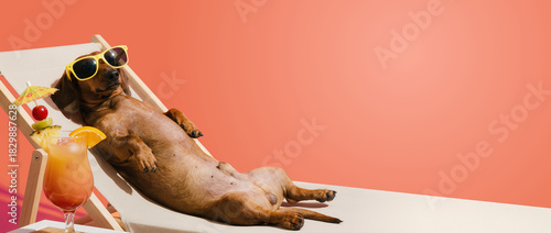Funny dachshund dog resting on a deck chair with sunglasses and a cocktail. Summer vacation, relaxation and humor concept on a peach background.