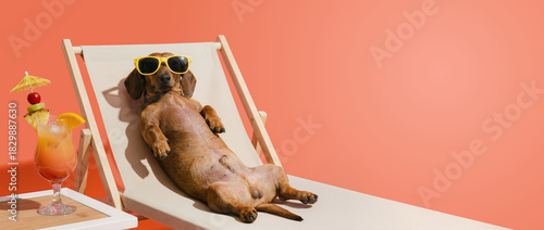 Funny dachshund dog resting on a deck chair with sunglasses and a cocktail. Summer vacation, relaxation and humor concept on a peach background.