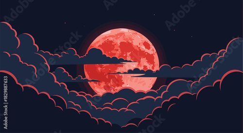 A dramatic blood moon illuminates a dark, cloudy night sky in this striking vector illustration, evoking a mysterious and enchanting atmosphere.