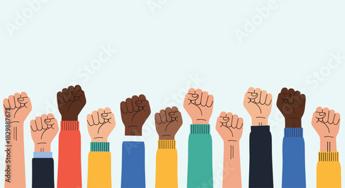 An illustration of diverse hands with raised fists, symbolizing protest, unity, strength, and the fight for social justice and equality.