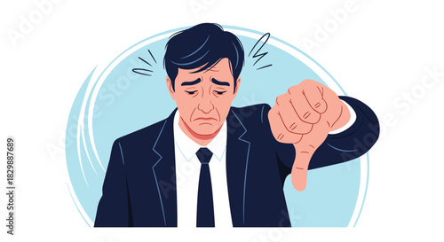 A disappointed man in a business suit gives a thumbs down gesture, indicating rejection, failure, or negative feedback.