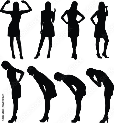 Female silhouette sequence, emotional progression, confident stance, fatigue gesture, high heels, black outline, posture arc, motion study, expressive body language