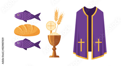 Christian religious symbols set featuring a chalice with wheat and host, bread, fish, and a purple stole with crosses, representing the Eucharist and clergy.