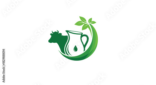 Green logo design featuring a cow silhouette, a milk pitcher with a drop, and organic leaves, symbolizing fresh and natural dairy products.