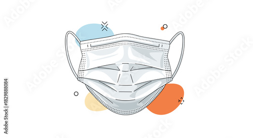 A clean, white disposable medical face mask illustration with abstract background elements, symbolizing health and protection.