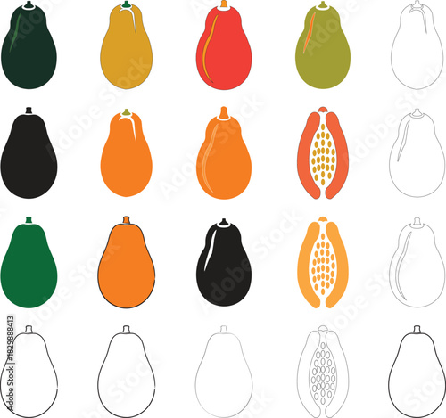 Collection of colorful papaya fruit icons in various stages of ripeness and crosssection views