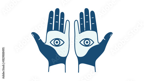 Illustration of two hands with eyes in the palms, symbolizing intuition and insight.
