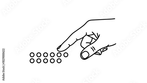 A hand pointing at a group of small circles arranged in a grid pattern.