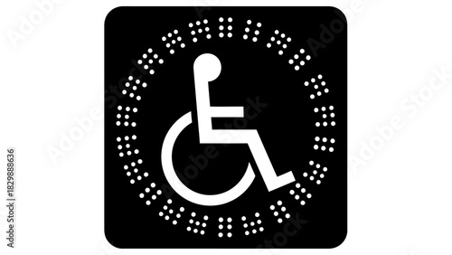A modern accessibility symbol featuring a wheelchair icon surrounded by a circle of braille dots on a black background.