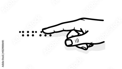 A close-up illustration shows a human index finger touching raised dots representing braille text on a white background.