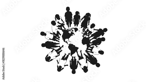 Silhouette of diverse people holding hands around a globe, symbolizing unity and global community.