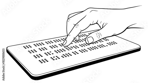 A black and white line drawing showing a hand reading a document with Braille characters.