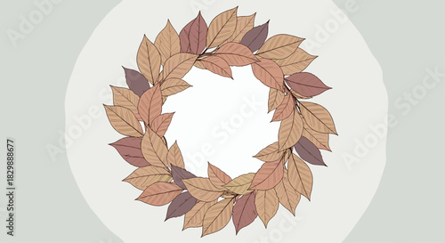 Hand-drawn style autumnal leaf wreath in warm colors on a light grey background with a subtle circular motif, perfect for fall themes.