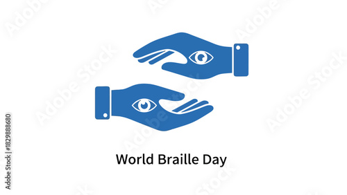 Illustration of two blue hands with eyes on them, symbolizing World Braille Day and support for the visually impaired.