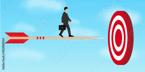 Businessman Walking on Arrow toward Target. Goal Achievement and Success Business Concept.   