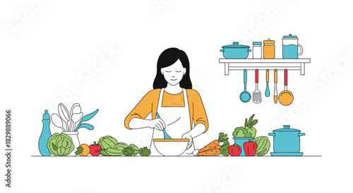 A happy woman in an apron prepares a healthy meal, surrounded by fresh vegetables and kitchen utensils on a clean countertop.