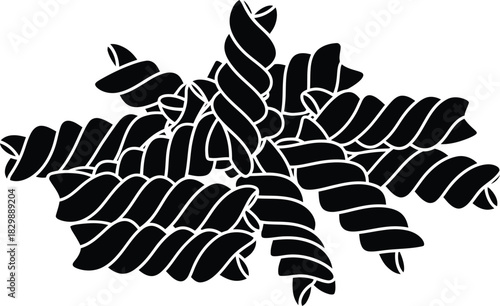 A black and white illustration of spiral shaped pasta fusilli displayed artistically
