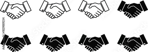 A series of black and white handshakes depicted in a simple line art style