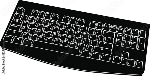 A black and white illustration of a computer keyboard on a white background