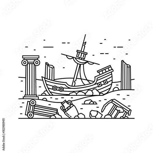 Monoline Underwater Scene with Sunken Ship, Ancient Columns, and Amphorae