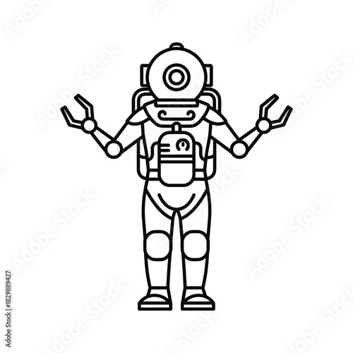 Deep Sea Diving Robot Suit with Pincer Arms Line Art Icon