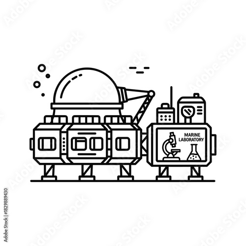 Line Art Underwater Marine Research Station with Laboratory and Observatory