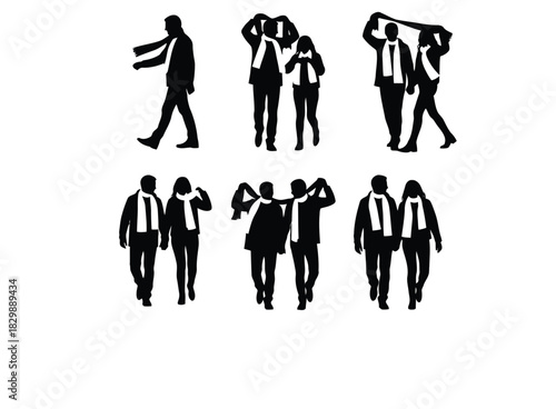 Silhouettes of couples and individuals wearing scarves