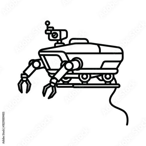 Remotely Operated Underwater Vehicle (ROV) Robot with Robotic Arms and Camera Line Art Icon