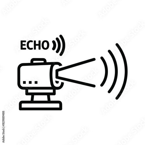 Echo Sound Wave Device Icon: Sonar, Acoustic Sensor, or Speaker Emitting Pulsed Waves, Line Art Symbol
