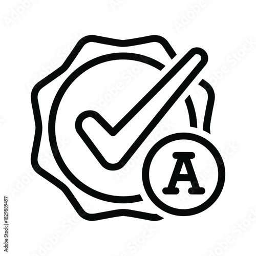 A Grade Certified Checkmark Icon. Premium Quality and Excellence Badge.