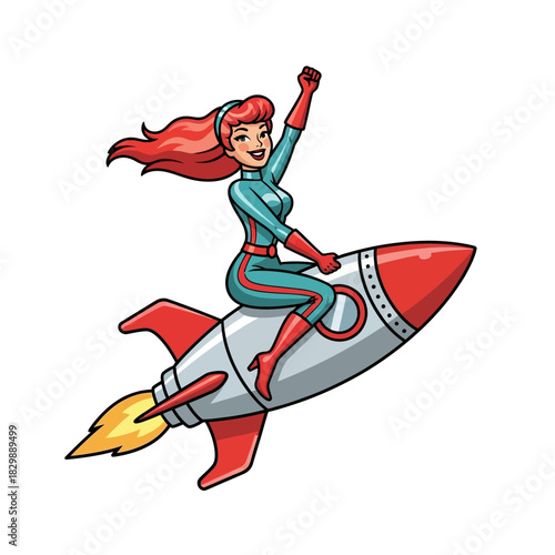 Retro cartoon superhero woman riding a powerful rocket ship.