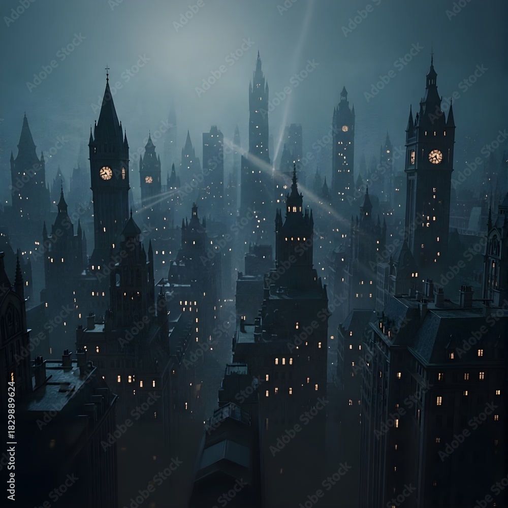 Fototapeta premium Gothic Victorian City Skyline with Clock Towers and Illuminated Windows in Misty Night Atmosphere