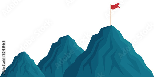Red Flag on the Top of Mountain. Goal Achievement and Business Success Concept. 