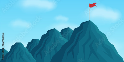 Red Flag on the Top of Mountain. Goal Achievement and Business Success Concept. 