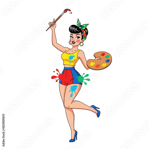 Pin-up style female artist with paintbrush and palette, splattered with colorful paint.